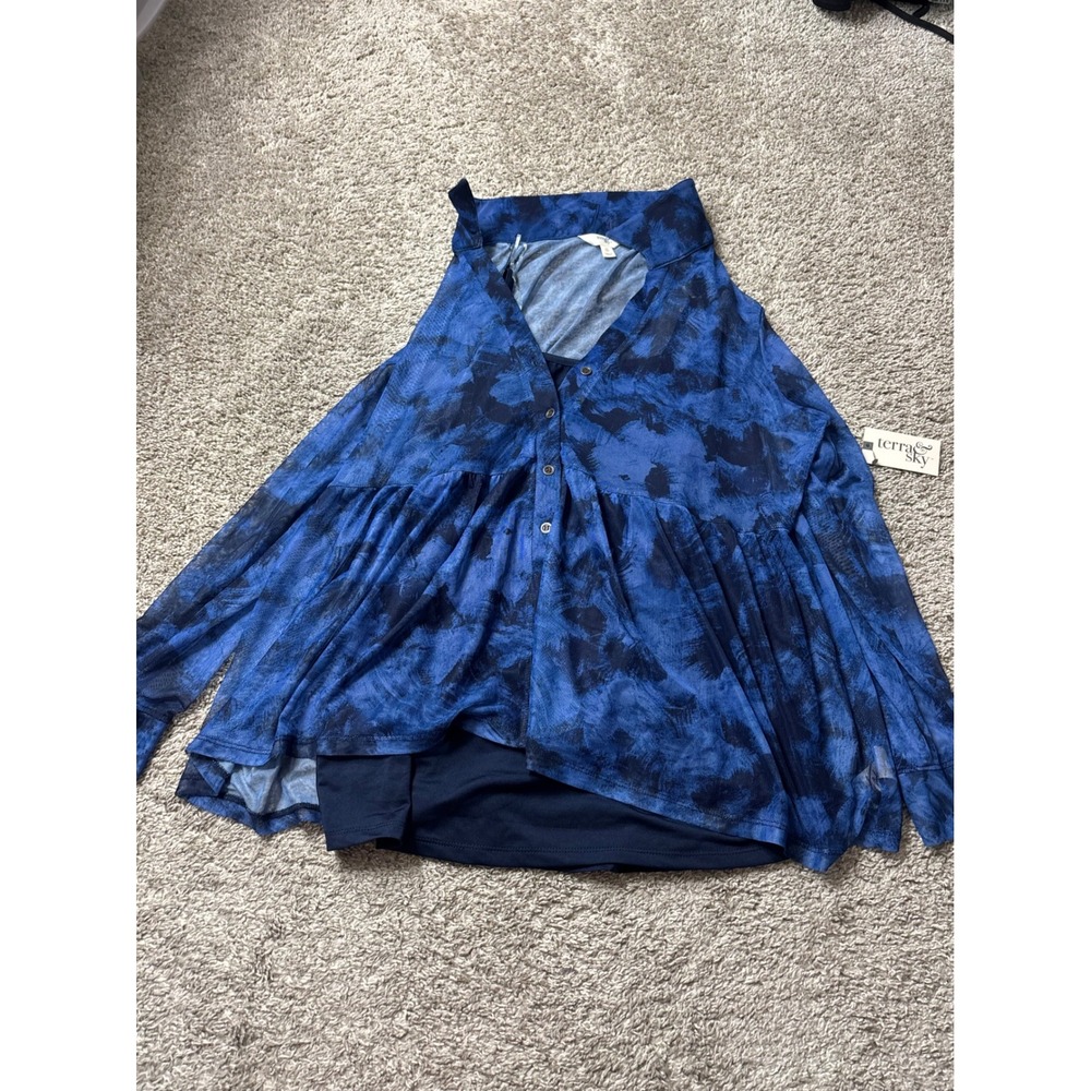 Terra & Sky Blue Washed Texture Collared Mesh Top 2-Piece Set 0X 14W NEW